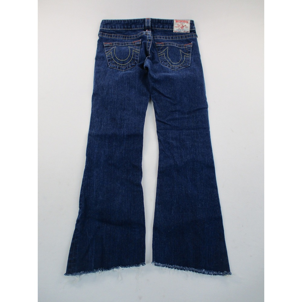 True Religion Jeans Womens 27x28 Blue Bobby Flare Low Rise Raw Hem Y2K Vintage